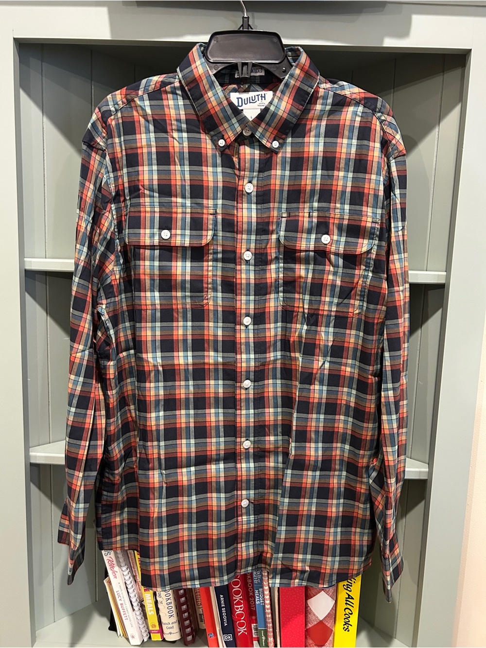 Duluth Trading Co Plaid Button-Down Shirt in Navy, Red & Cream